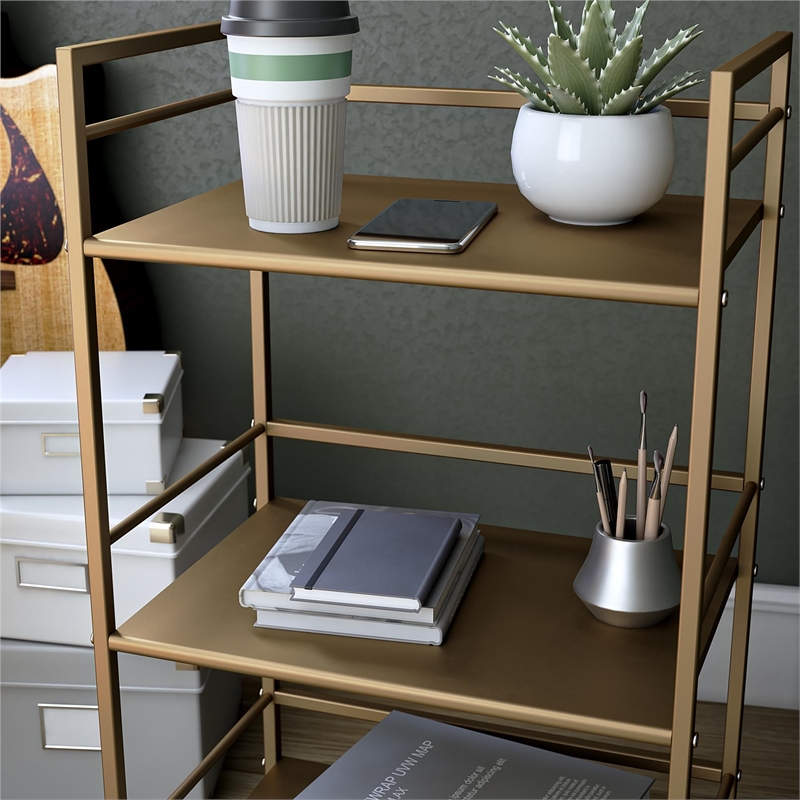 Pemberly Row Modern 3 Shelf Metal Rolling Utility Cart in Gold