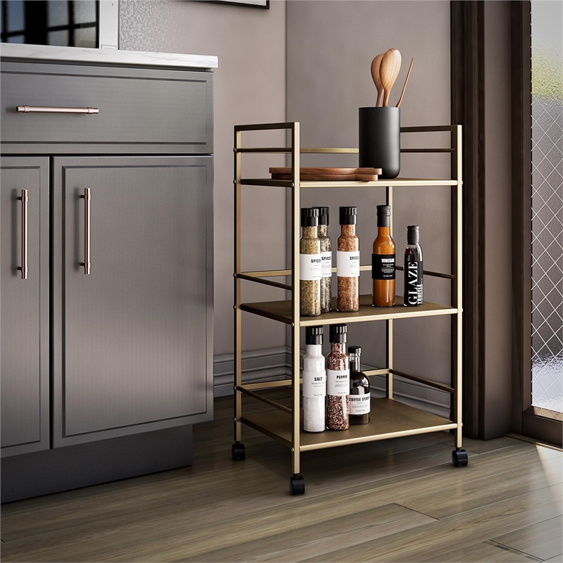 Pemberly Row Modern 3 Shelf Metal Rolling Utility Cart in Gold