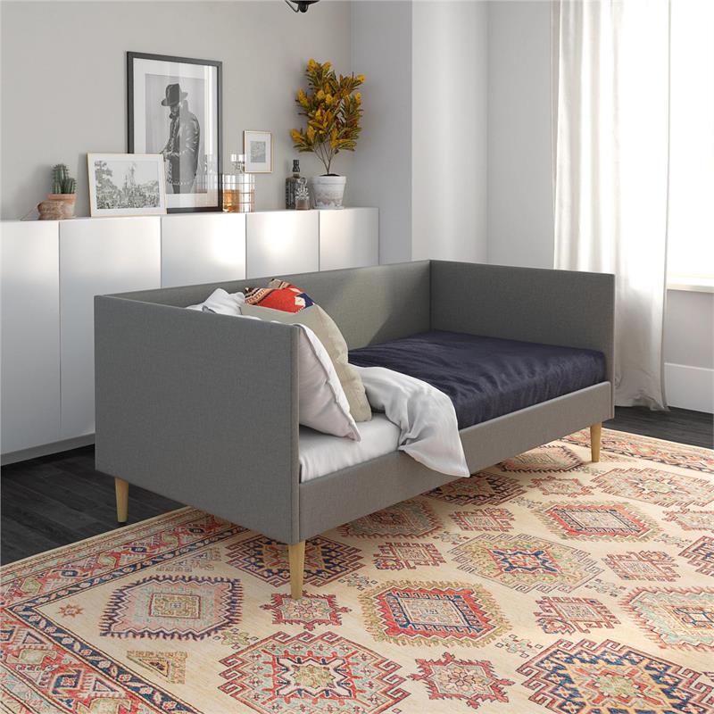 Pemberly Row Mid-Century Upholstered Daybed Twin Size in Gray Linen
