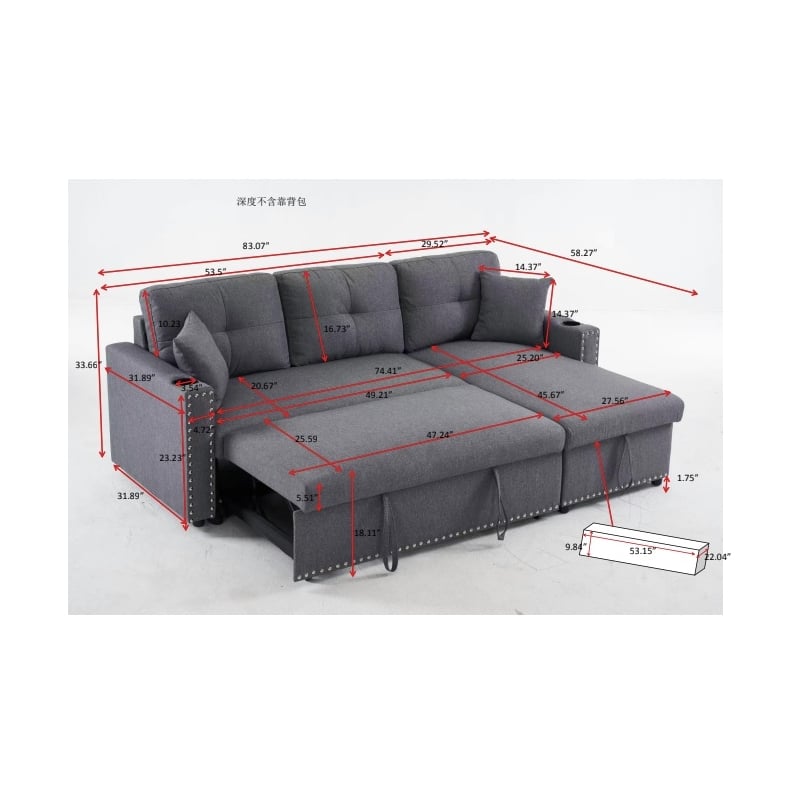 Pemberly Row Traditional Upholstered Fabric Sleeper Sofa -LIGHT GRAY