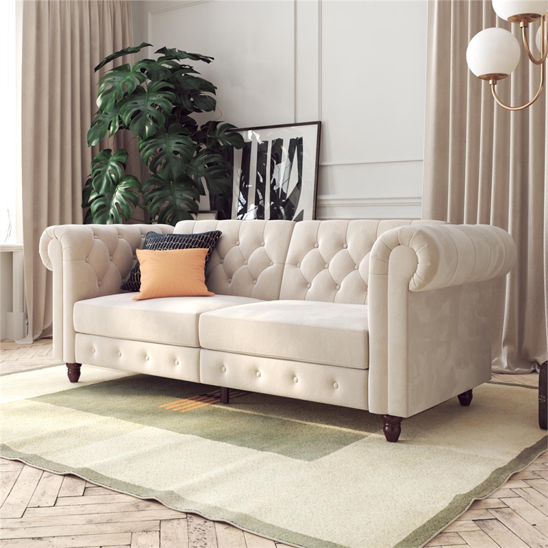 Pemberly Row Modern / Contemporary Sofa Futon in Ivory Velvet