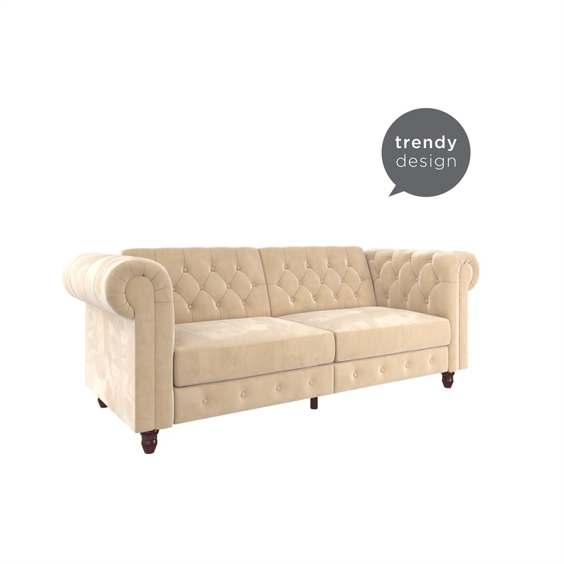 Pemberly Row Modern / Contemporary Sofa Futon in Ivory Velvet