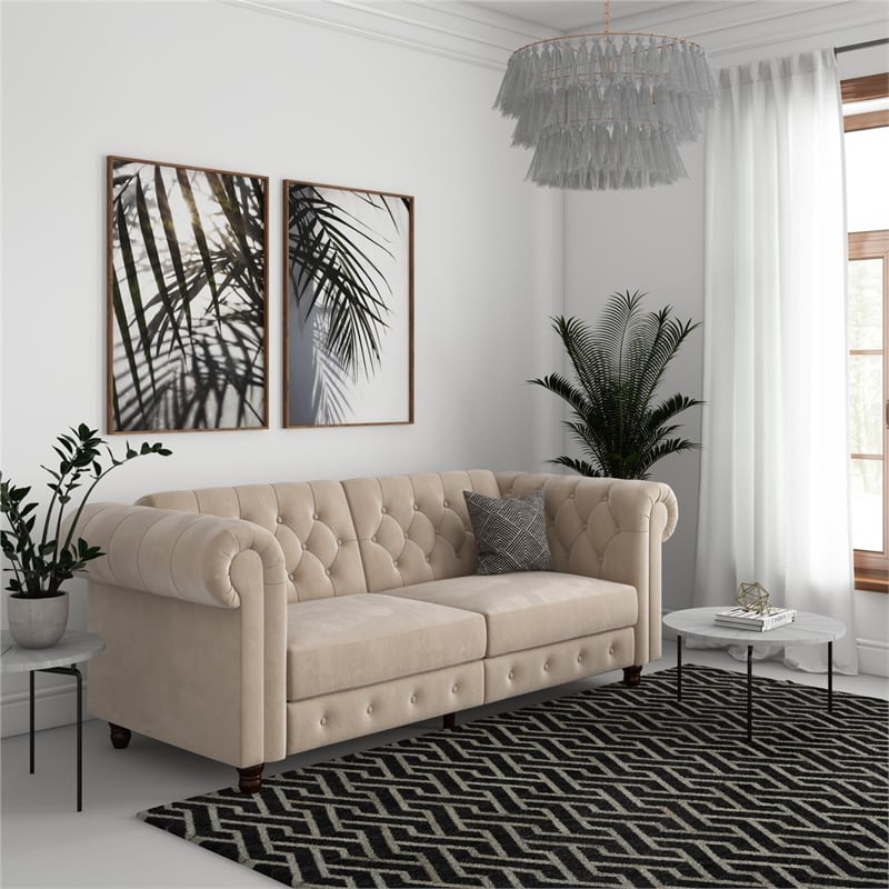 Pemberly Row Modern / Contemporary Sofa Futon in Ivory Velvet