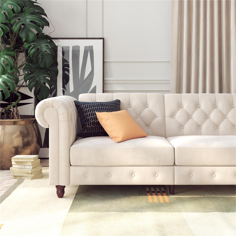 Pemberly Row Modern / Contemporary Sofa Futon in Ivory Velvet