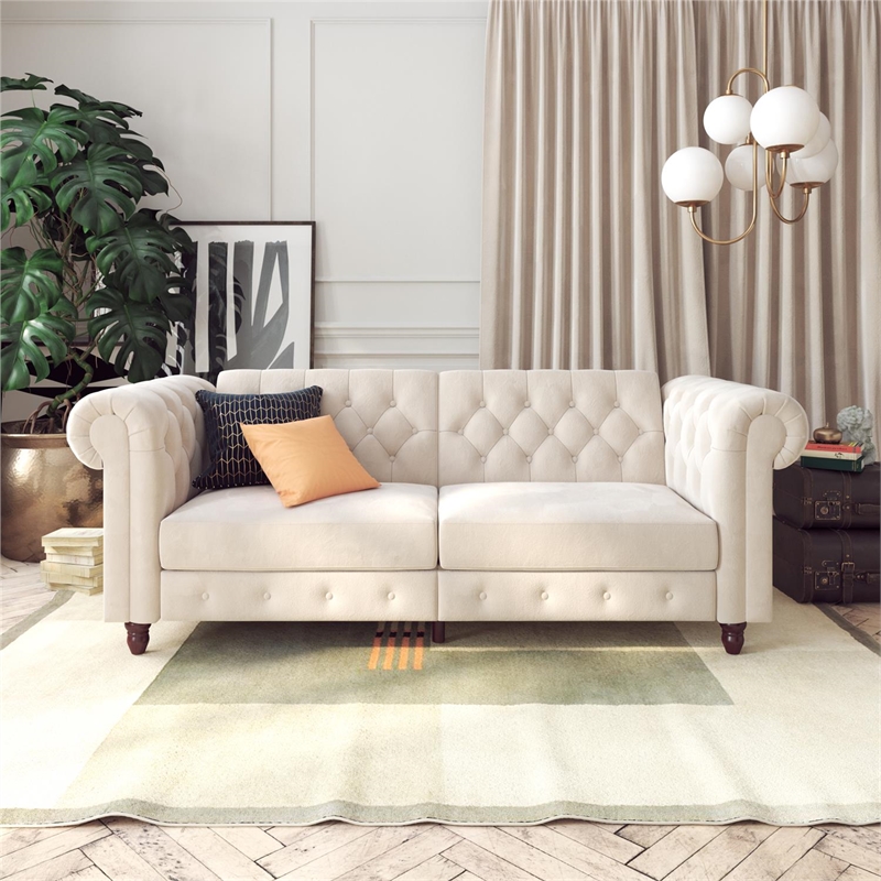 Pemberly Row Modern / Contemporary Sofa Futon in Ivory Velvet