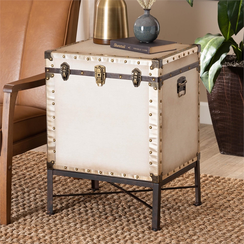 Pemberly Row Modern Vintage White Canvas Lift-Top Trunk End Table