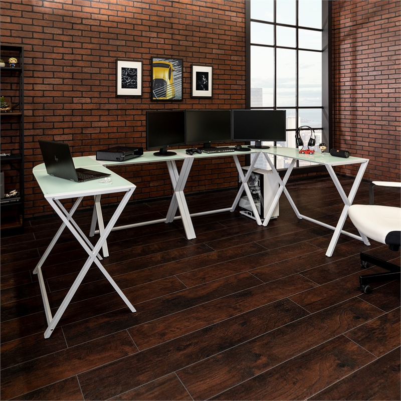 Pemberly Row Contemporary X-Leg Command Center Computer and Gaming Desk - White