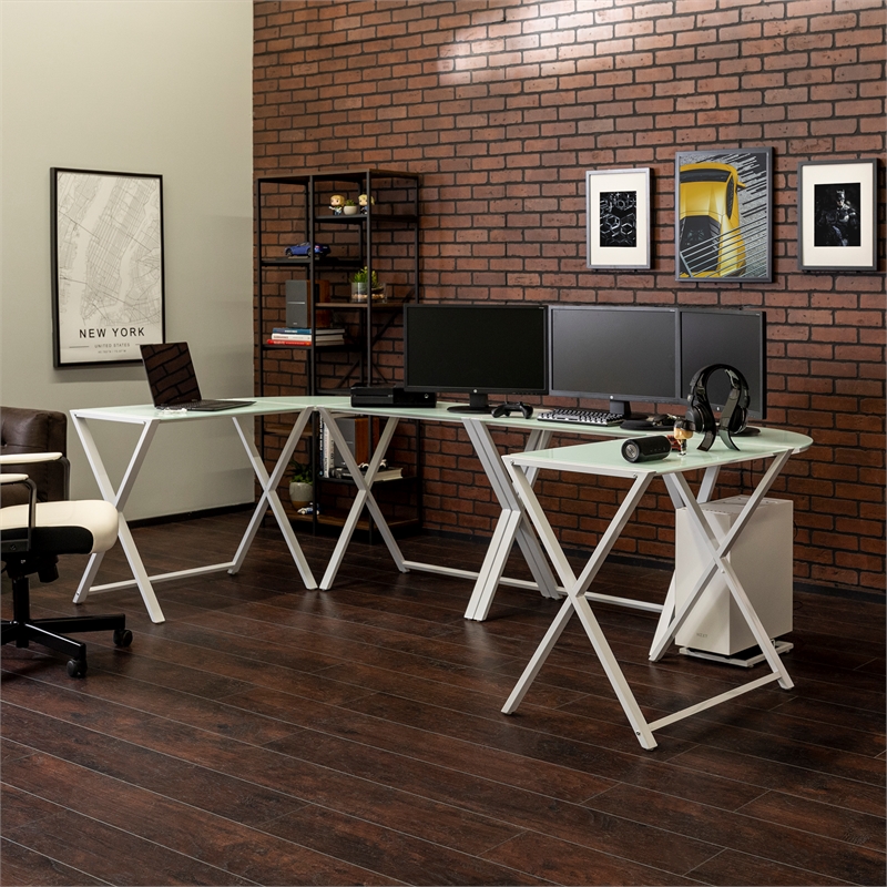 Pemberly Row Contemporary X-Leg Command Center Computer and Gaming Desk - White