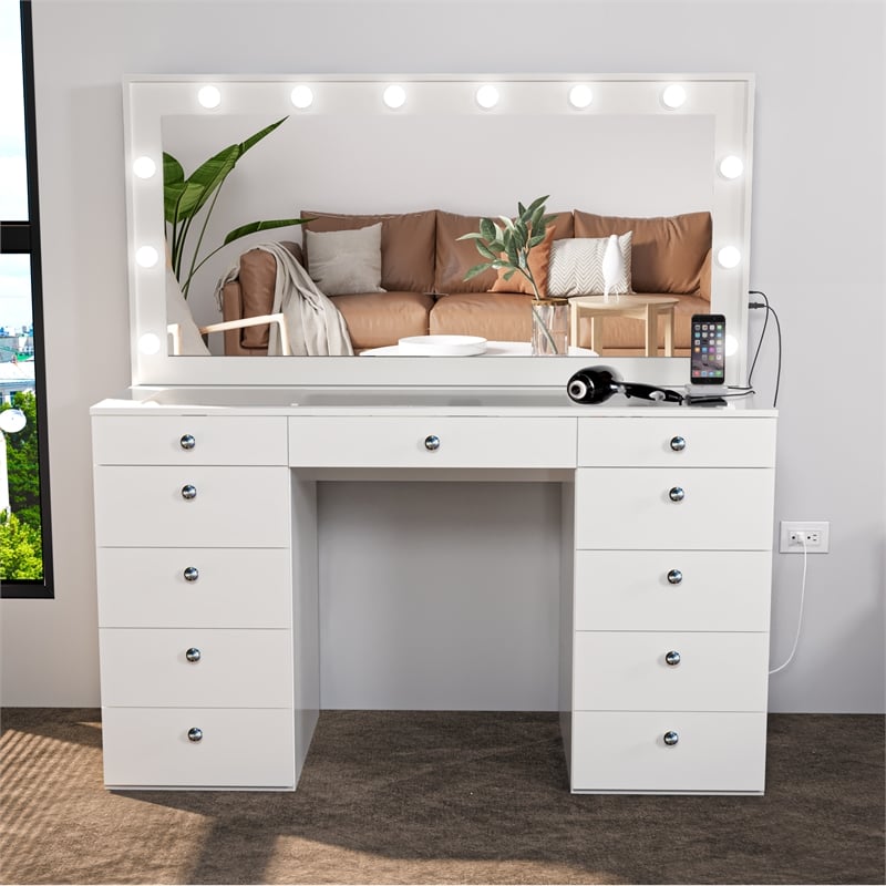 Pemberly Row EXTRA LARGE Vanity Desk White 11 Drawers Basic Knobs