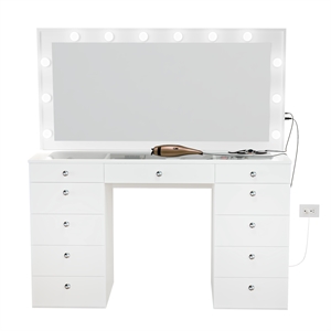 Pemberly Row EXTRA LARGE Vanity Desk White 11 Drawers Basic Knobs