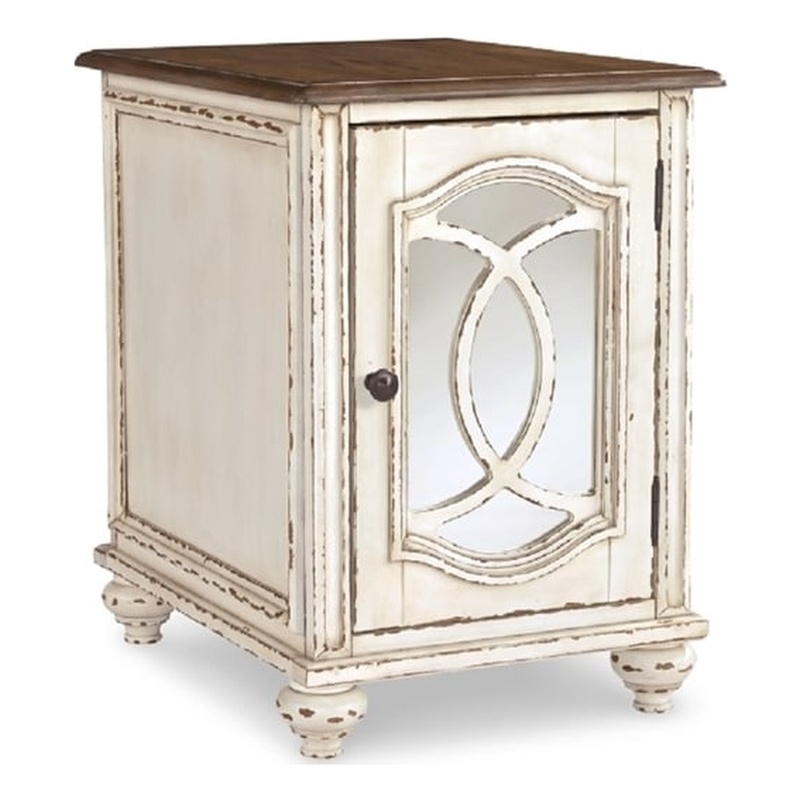 Pemberly Row Set of 2 Mirrored Storage End Table in Chipped White & Brown