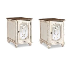 Pemberly Row Set of 2 Mirrored Storage End Table in Chipped White & Brown