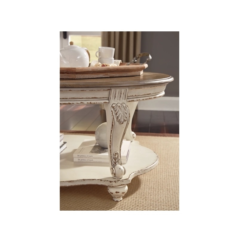 Pemberly Row Set of 3 Round End Table & Oval Coffee Table in White and Brown