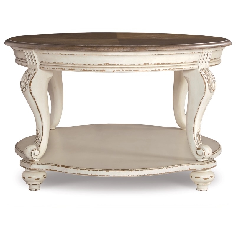 Pemberly Row Set of 3 Round End Table & Oval Coffee Table in White and Brown