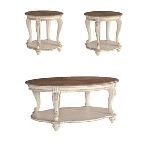 Pemberly Row Set of 3 Round End Table & Oval Coffee Table in White and Brown
