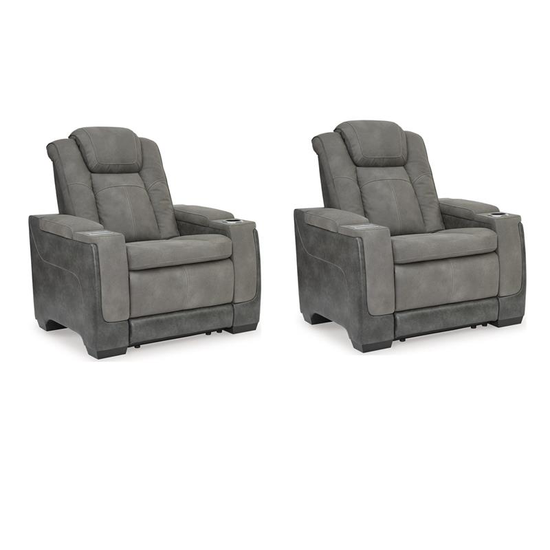 Pemberly Row Set of 2 Faux Leather Power Recliners in Gray