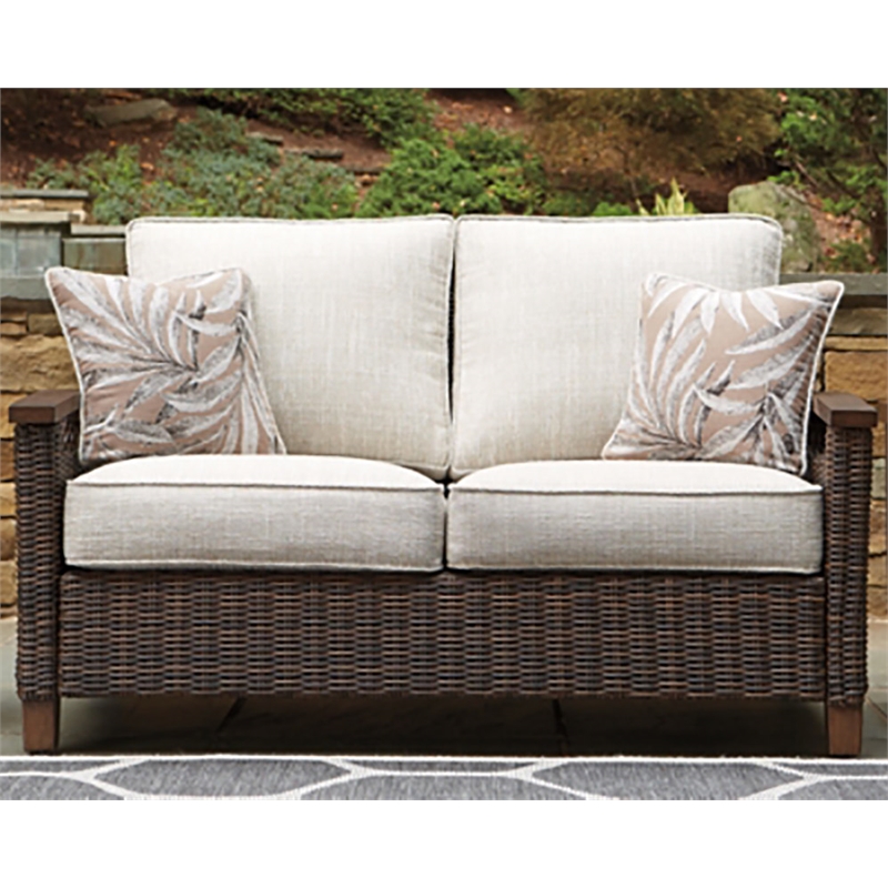Pemberly Row Set of 2 Rattan Patio Loveseat and Sofa in Brown
