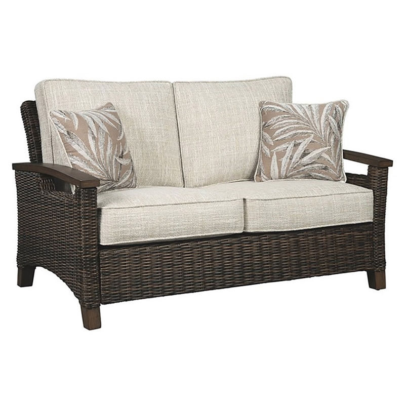 Pemberly Row Set of 2 Rattan Patio Loveseat and Sofa in Brown