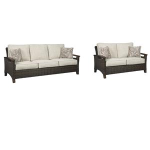 Pemberly Row Set of 2 Rattan Patio Loveseat and Sofa in Brown