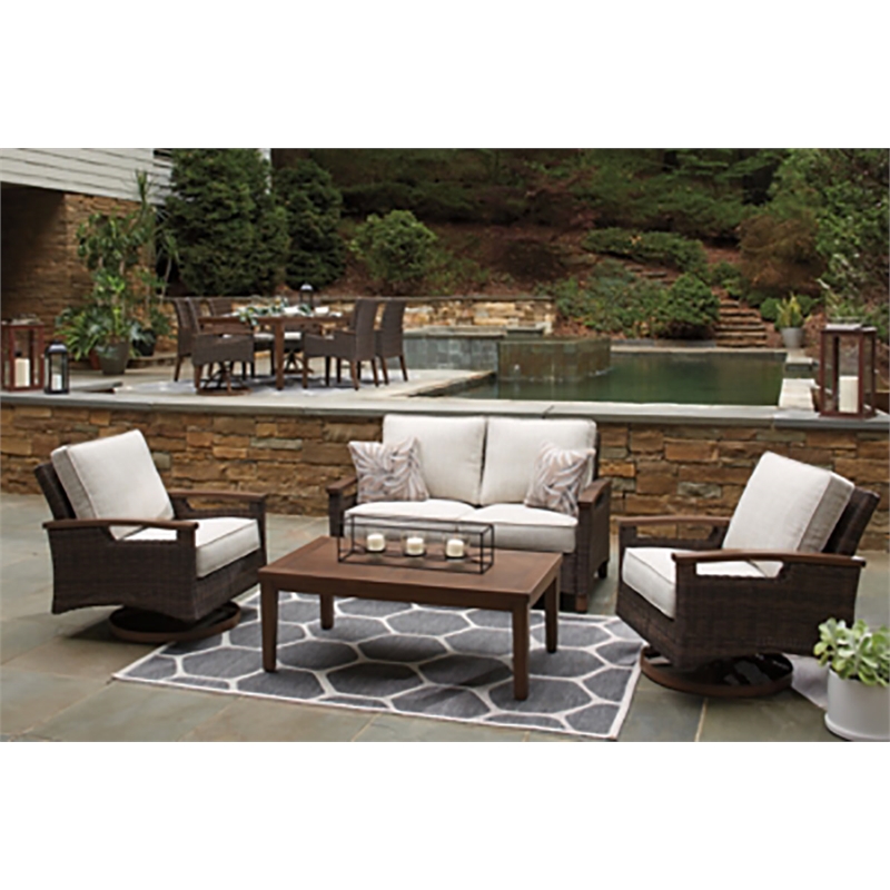 Pemberly Row Set of 3 Patio Fire Pit Table and Loveseat and Sofa in Medium Brown