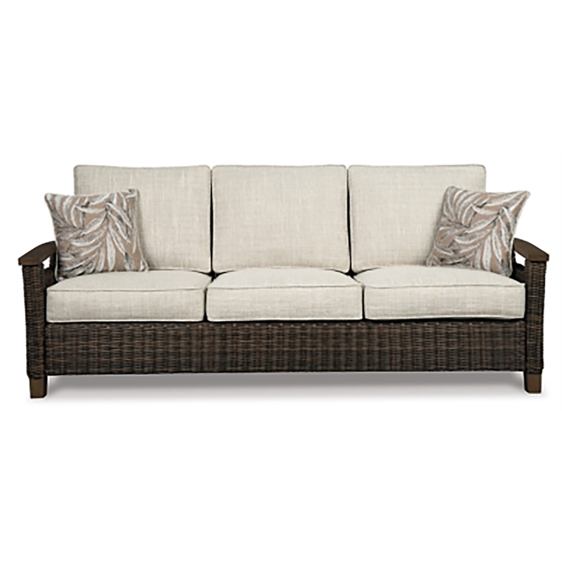 Pemberly Row Set of 3 Patio Fire Pit Table and Loveseat and Sofa in Medium Brown