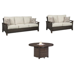 pemberly row set of 3 patio fire pit table and loveseat and sofa in medium brown