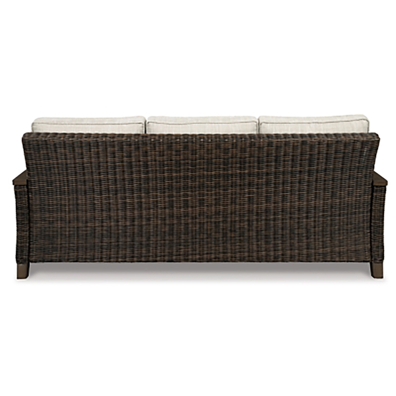 Pemberly Row Set of 2 Patio Round Fire Pit Table and Sofa in Medium Brown