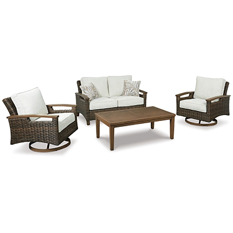 Pemberly Row Set of 2 Patio Round Fire Pit Table and Loveseat in Medium Brown