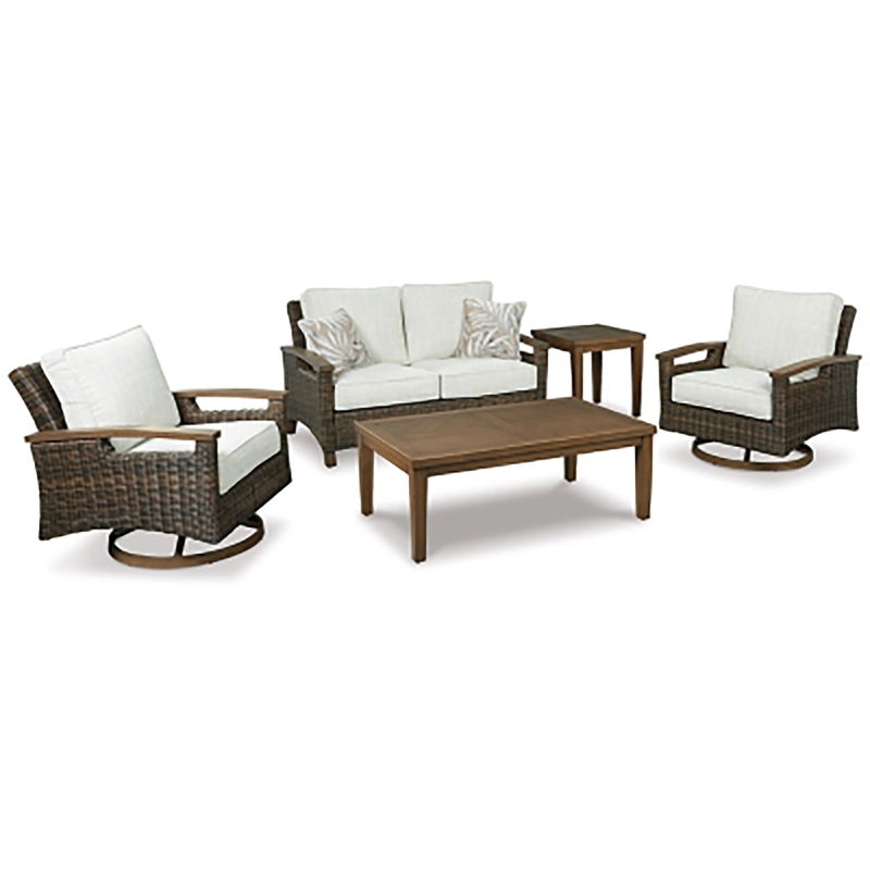 Pemberly Row Set of 2 Patio Round Fire Pit Table and Loveseat in Medium Brown