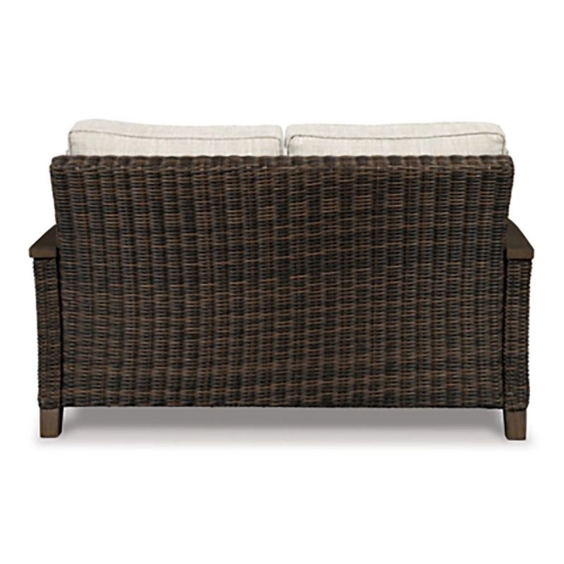 Pemberly Row Set of 2 Patio Round Fire Pit Table and Loveseat in Medium Brown