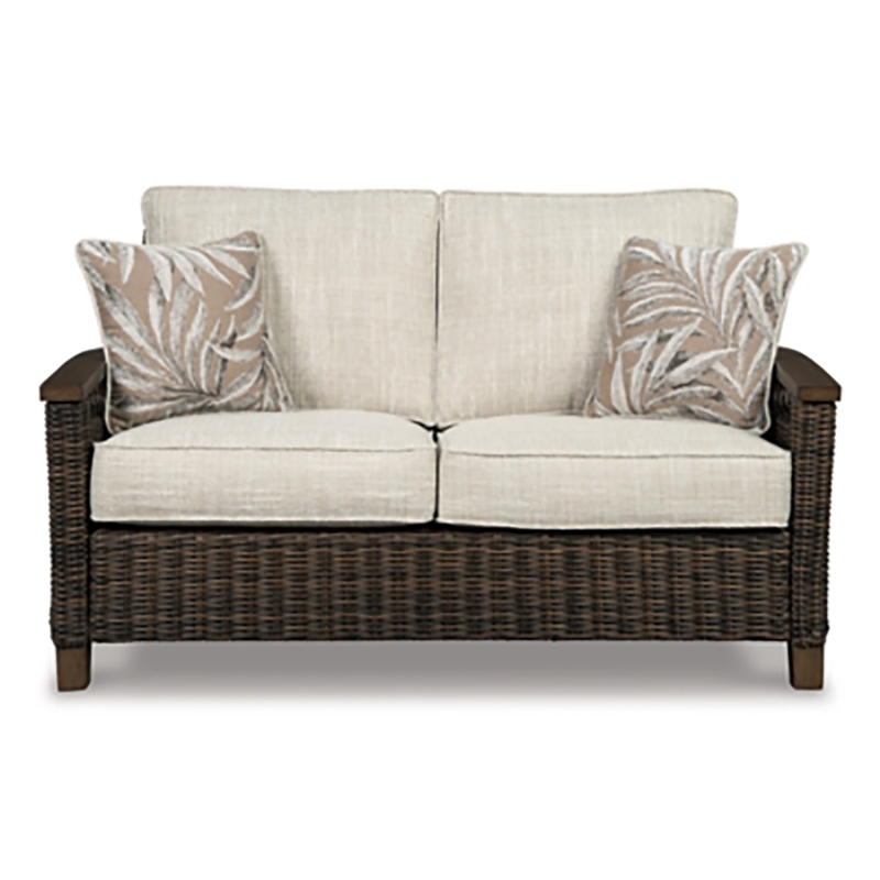 Pemberly Row Set of 2 Patio Round Fire Pit Table and Loveseat in Medium Brown