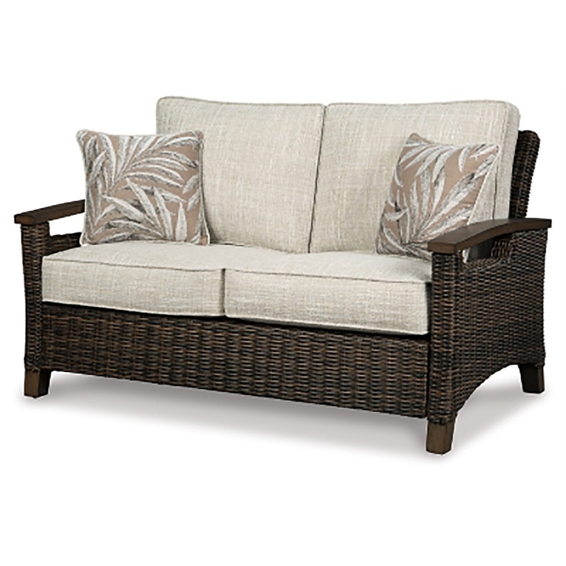 Pemberly Row Set of 2 Patio Round Fire Pit Table and Loveseat in Medium Brown