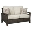 Pemberly Row Set of 2 Patio Round Fire Pit Table and Loveseat in Medium Brown