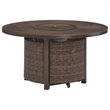 Pemberly Row Set of 2 Patio Round Fire Pit Table and Loveseat in Medium Brown