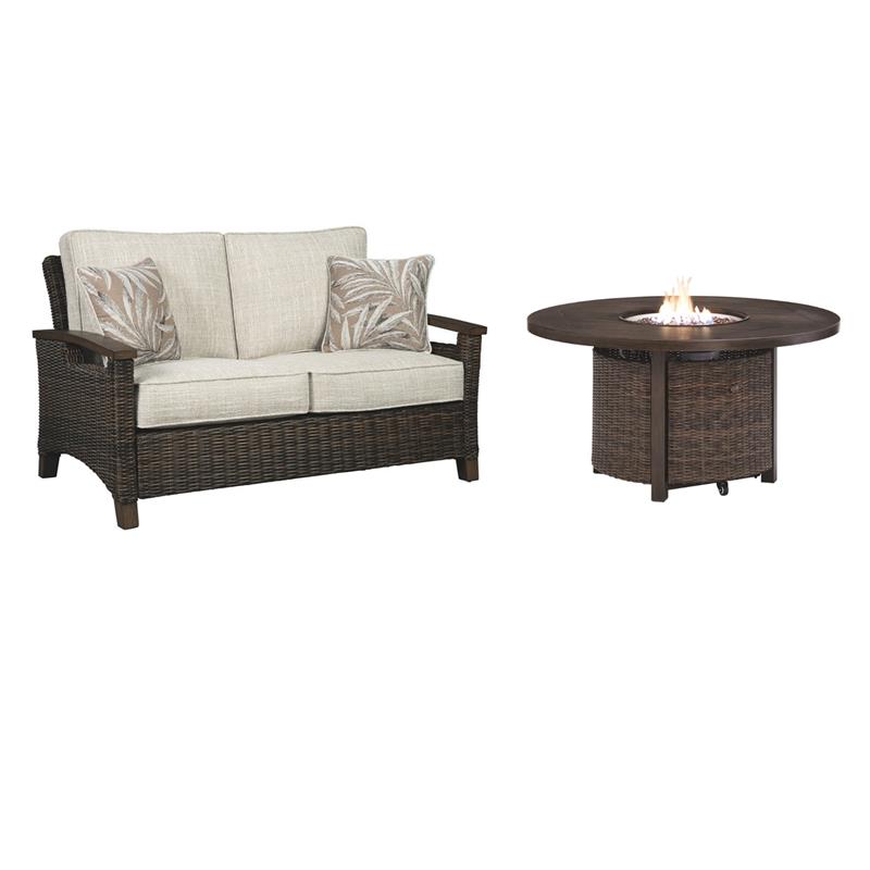 Pemberly Row Set of 2 Patio Round Fire Pit Table and Loveseat in Medium Brown