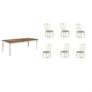 Pemberly Row Set of 7 Extendable Dining Table and Side Chair in Chipped White