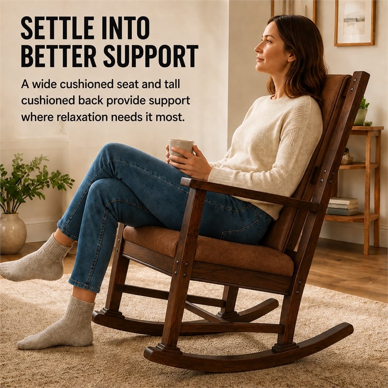 Pemberly Row Wood Indoor Rocking Chair - Chocolate with Cushion Seat & High Back