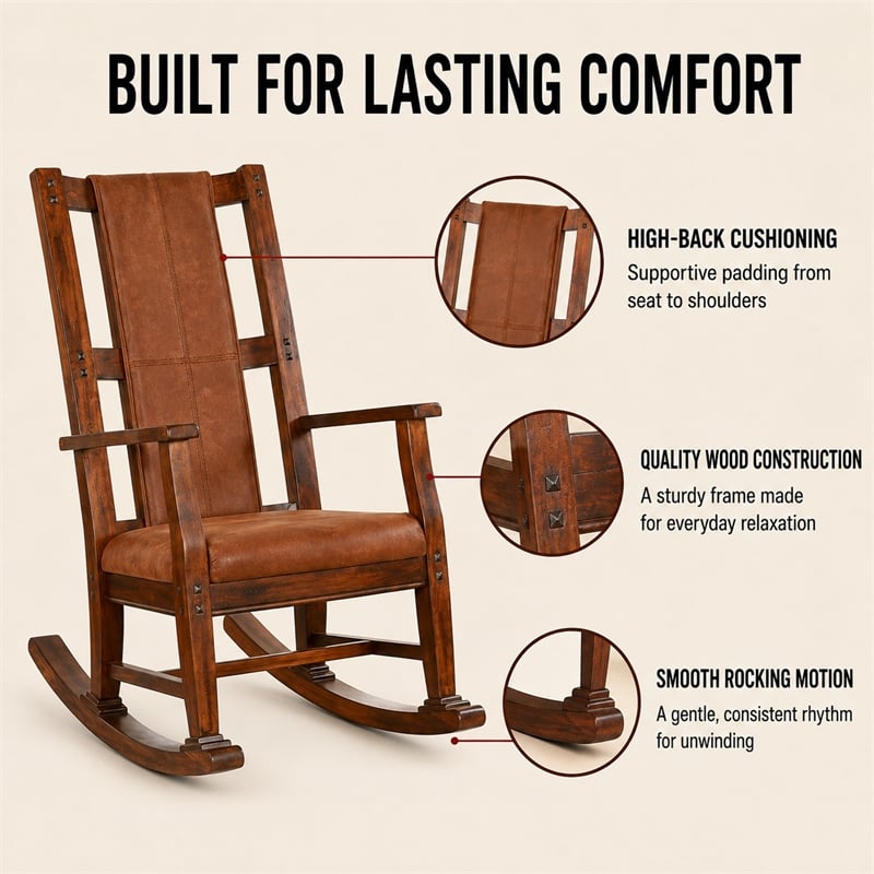 Pemberly Row Wood Indoor Rocking Chair - Chocolate with Cushion Seat & High Back