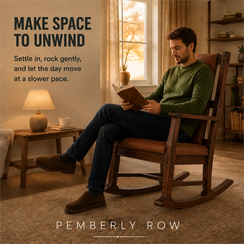 Pemberly Row Wood Indoor Rocking Chair - Chocolate with Cushion Seat & High Back