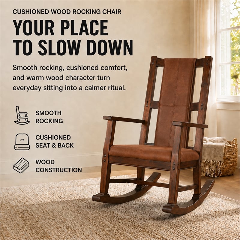 Pemberly Row Wood Indoor Rocking Chair - Chocolate with Cushion Seat & High Back
