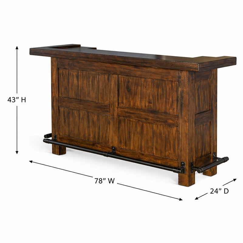 Pemberly Row Wood Home Bar with 2 Shelves and 3 Drawers in Brown