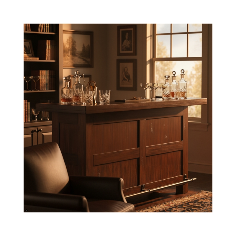 Pemberly Row Wood Home Bar with 2 Shelves and 3 Drawers in Brown