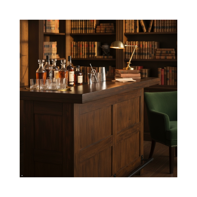 Pemberly Row Wood Home Bar with 2 Shelves and 3 Drawers in Brown