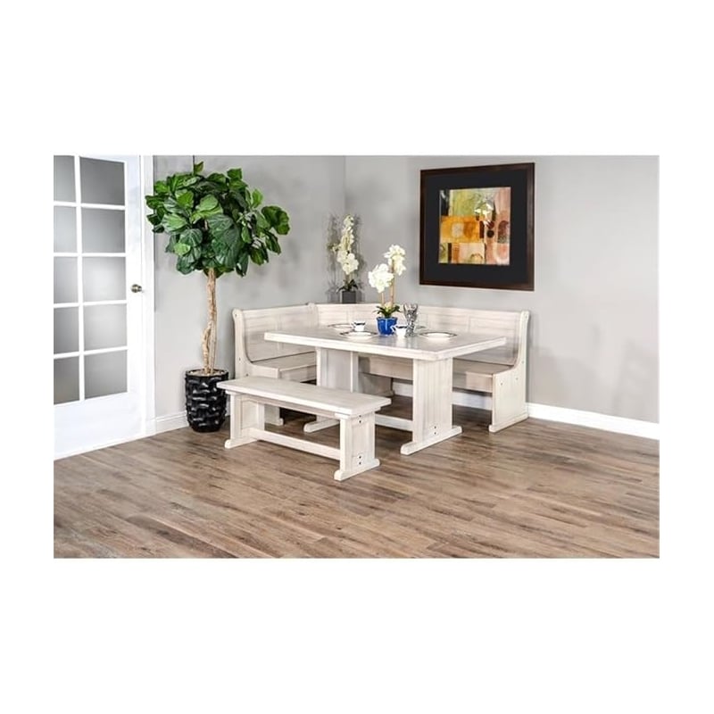 Pemberly Row 4Pc Wood Corner Dining Set with Reversible Benches - White