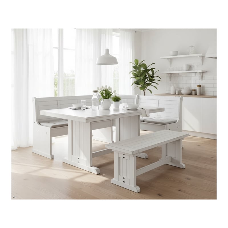 Pemberly Row 4Pc Wood Corner Dining Set with Reversible Benches - White