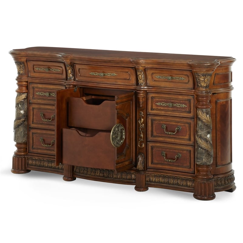 Pemberly Row Traditional 9-Drawers Wood Dresser - Classic Chestnut