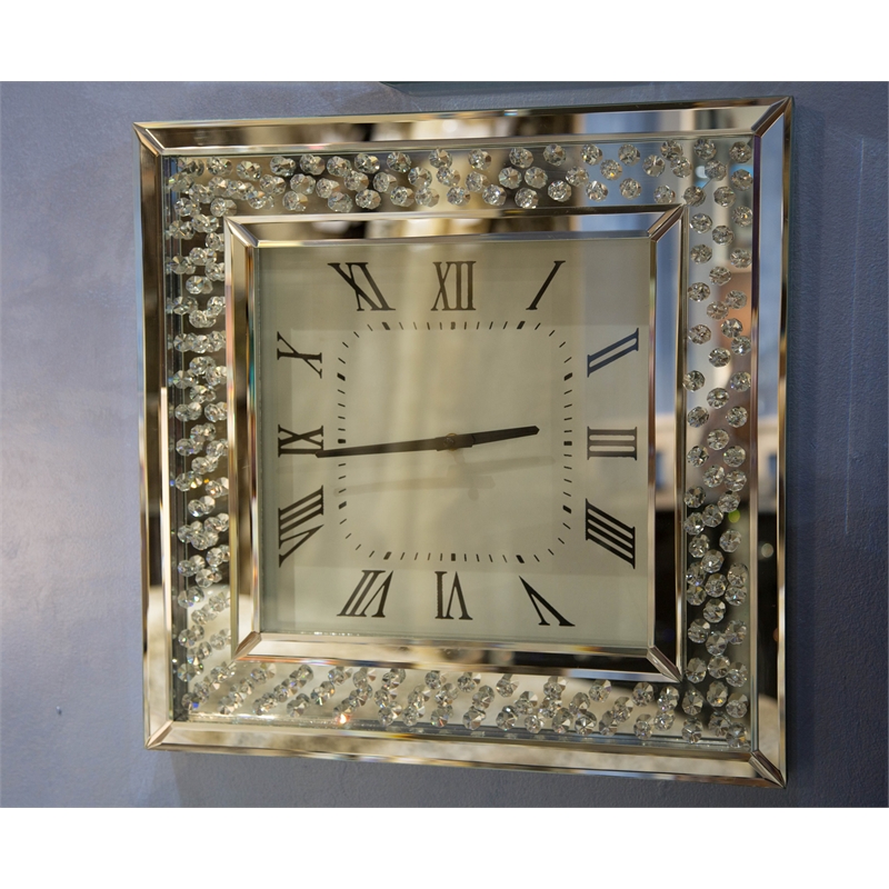 Pemberly Row Modern Mirrored Square Wall Clock with Crystals