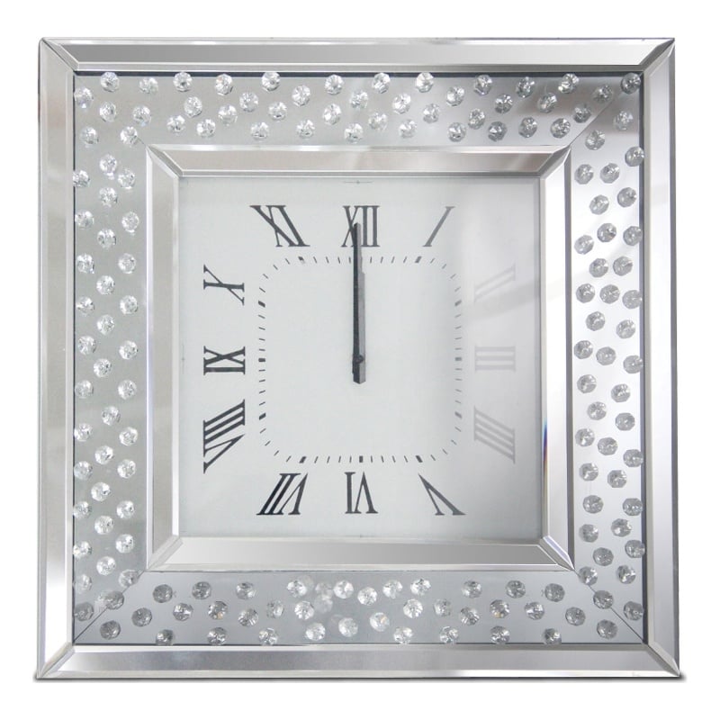 Pemberly Row Modern Mirrored Square Wall Clock with Crystals