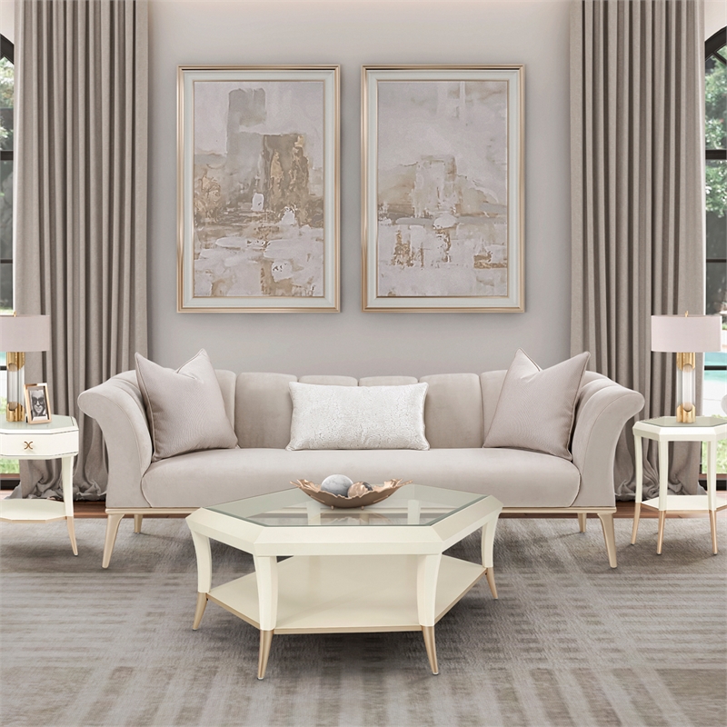 Pemberly Row Contemporary Sofa in Porcini Velvet and Champagne Wood Frame