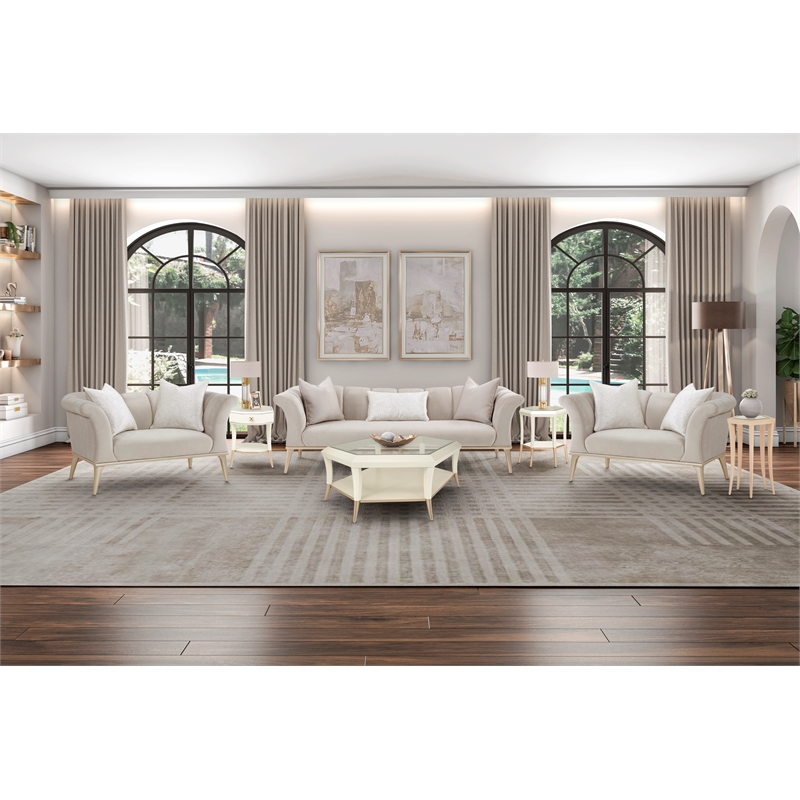 Pemberly Row Contemporary Sofa in Porcini Velvet and Champagne Wood Frame